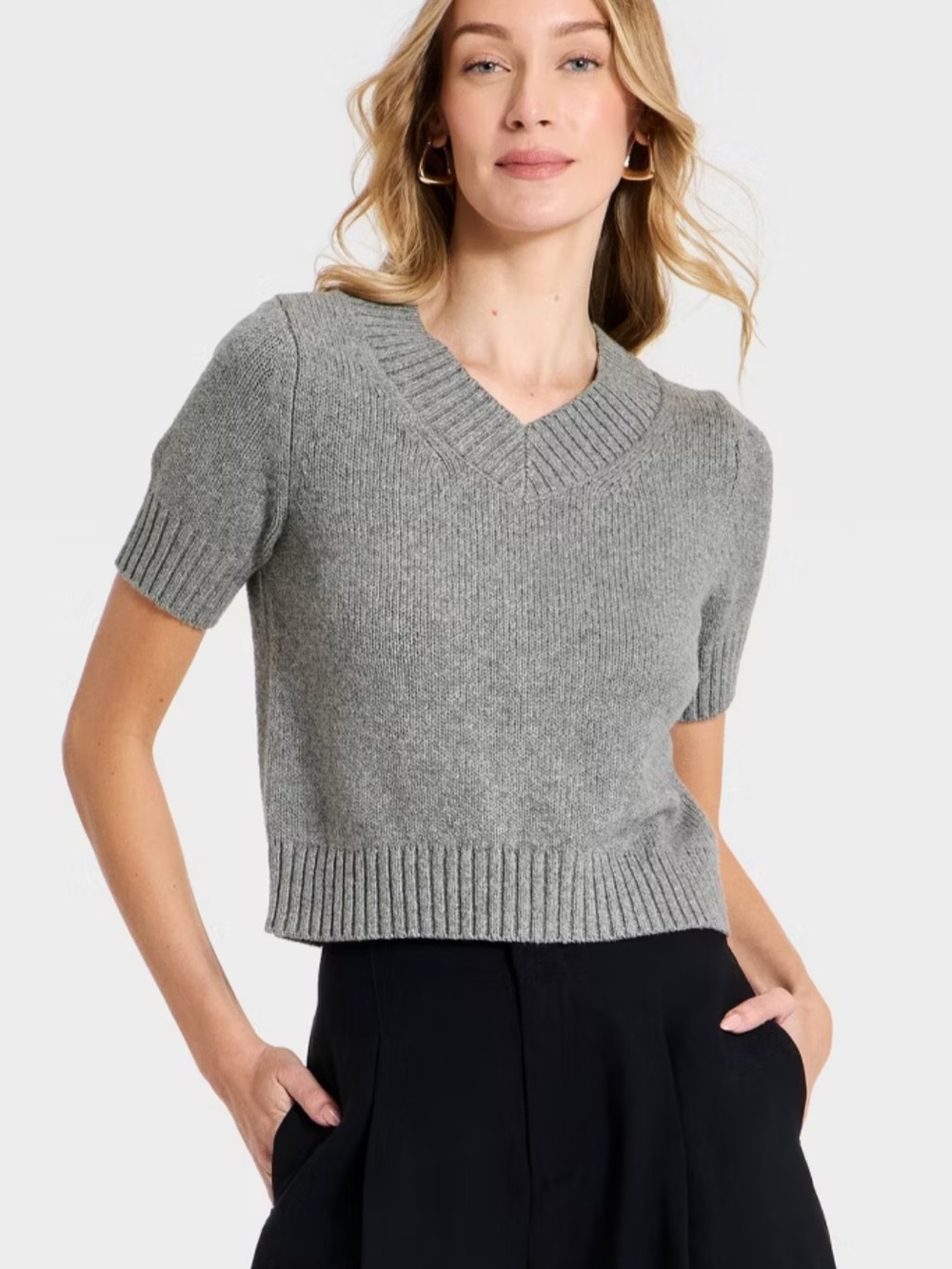 A New Day Grey V-Neck Short Sleeve Sweater Top M